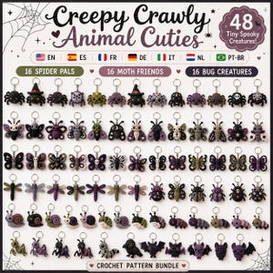 May include: A digital collection of 48 crochet patterns titled Creepy Crawly Animal Cuties, featuring 16 spider pals, 16 moth friends, and 16 bug creatures. The image displays various small, spooky-themed crocheted keychains in purple, black, and green.