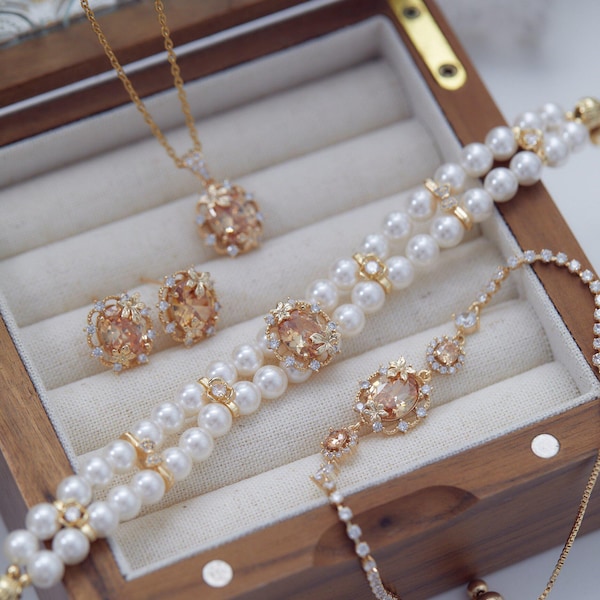 Vintage Champagne Zircon Necklace, Autumn Maple Leaf Pearl Earrings, Botanical Gold Crystal Bracelet, Victorian Bridal Jewelry Set