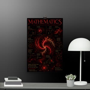 May include: A black poster titled MATHEMATICS THE LANGUAGE OF THE UNIVERSE featuring red fractal patterns, geometric shapes, and mathematical formulas including the golden ratio, wave functions, and probability curves on a dark background.