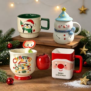 May include: Four ceramic mugs with holiday themes. One features a penguin, one is a snowman with a lid, one has a Christmas tree graphic and apple-shaped handle, and one is a square Santa mug with the text Merry Christmas printed on the front.