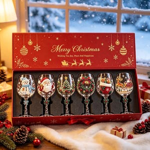 May include: A set of six clear glass wine glasses in a red rectangular gift box with the text Merry Christmas Wishing You Joy, Peace And Happiness. Each glass features a unique holiday design including a snowman, Santa, tree, wreath, stocking, and sleigh.