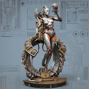 Puede incluir: Una figura de cyborg en tonos plata y bronce situada dentro de un marco mecánico circular. La figura presenta detalles en naranja, sostiene un pequeño objeto esférico y está rodeada de intrincados tubos metálicos y componentes cerebrales.