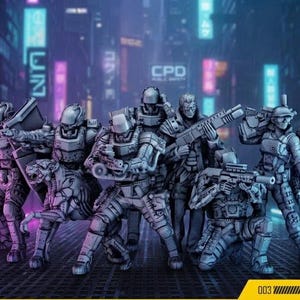 May include: A group of grey, unpainted miniature sci-fi soldier figurines in various combat poses, including one with a robotic dog, set against a blurred neon city background with signs reading Mech-Depot and CPD Public Safety.