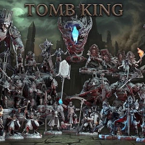 May include: A collection of miniature fantasy figurines featuring skeletal warriors, armoured soldiers, and a central glowing blue relic, all arranged under the text TOMB KING. The figures display intricate metallic armour and dark, weathered details.