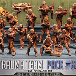 Könnte beinhalten: Eine Sammlung brauner Miniaturfiguren aus Harz, die ein medizinisches Einsatzteam in taktischer Ausrüstung darstellen, darunter Soldaten mit Gewehren, Tragen und medizinischer Ausrüstung. Die Basis trägt den Text TRAUMA TEAM PACK #66 SCULPTOR - POP-SIKELS MINIATURES.
