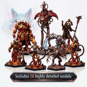 May include: A collection of seven painted fantasy miniature figures on hexagonal bases with lava-like textures. The figures feature metallic red, gold, and silver armor, horns, and weapons. A banner at the bottom reads: Includes 26 highly detailed models.