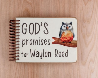 May include: A spiral-bound notebook with a white cover featuring a brown owl perched on a branch. The text reads "GOD'S promises for Waylon Reed" in dark gray lettering. The notebook has a brown wire binding on the left side.