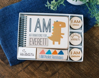 Personalized Positive Affirmation Dinosaur Board Book and Pocket Reminders Gift Set for Kids | Best Personalized Gift for Kids Age 0-8