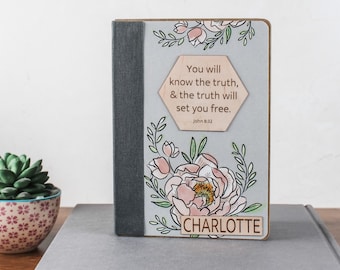 Handcrafted Personalized Bible Verse Book - Perfect Confirmation Gift for Girls with Custom Engraving | BOT F Pink Floral