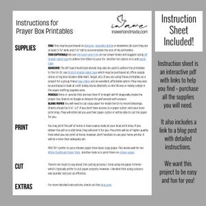 May include: Instructions for printable prayer box crafts. The instructions include a list of supplies needed, such as tins, tape, pencils, and blank paper. The instructions also include a link to a blog post with detailed instructions.