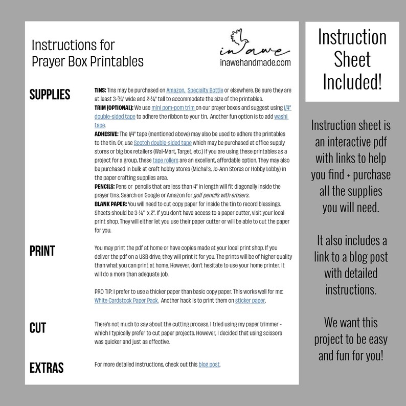 May include: Instructions for printable prayer box crafts. The instructions include a list of supplies needed, such as tins, tape, pencils, and blank paper. The instructions also include a link to a blog post with detailed instructions.