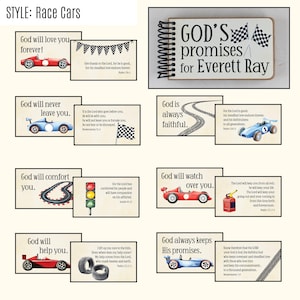 May include: A collection of cards with race car illustrations and inspirational quotes. The cards feature red, blue, and black race cars, checkered flags, and phrases like "God will love you forever" and "God's promises for Everett Ray."