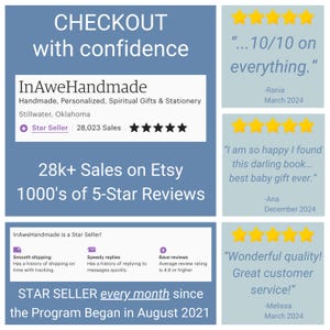 May include: A promotional graphic for an Etsy shop, InAweHandmade, with text indicating 28,023 sales and 1000's of 5-star reviews. Includes customer testimonials and details about smooth shipping and speedy replies.