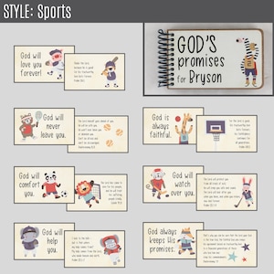 May include: A collection of illustrated cards and a spiral-bound notebook with the text "GOD'S promises for Bryson." The cards feature sports-themed animals with inspirational messages like "God will love you forever!"