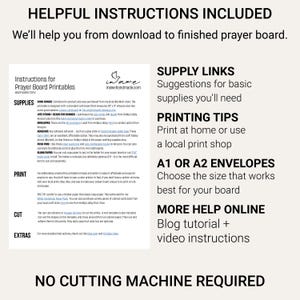 Prayer board printable instruction sheet with supply links, printing tips, envelope guidance, blog tutorial and video help.