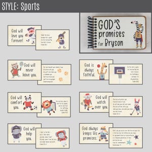 May include: A collection of illustrated cards and a spiral-bound notebook with the text "GOD'S promises for Bryson." The cards feature sports-themed animals with inspirational messages like "God will love you forever!"