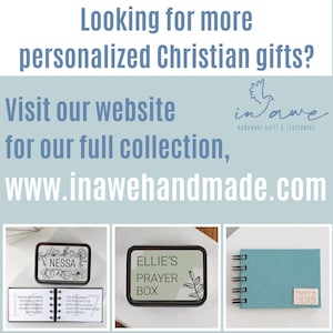 May include: Image promoting personalized Christian gifts. Text includes "Looking for more personalized Christian gifts?" and "Visit our website for our full collection, www.inawehandmade.com." The image shows a journal, a prayer box, and a small book.