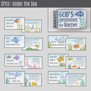 May include: A collection of illustrated cards with an "Under the Sea" theme, featuring marine life and inspirational messages. A spiral-bound notebook with the title "GOD'S promises for Harper" is also included. The cards have various Bible verses.