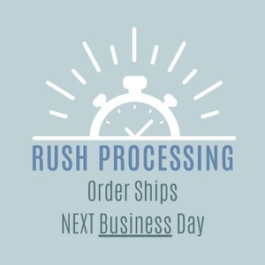 May include: White stopwatch with a checkmark inside, surrounded by white rays of light. Text below reads "Rush Processing", "Order Ships", and "Next Business Day".