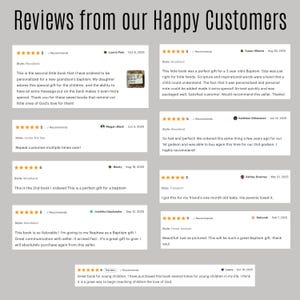May include: Image of customer reviews for a product, featuring multiple testimonials with star ratings and dates. The reviews are positive, mentioning gifts, baptisms, and personalized items. The text includes phrases like "perfect gift" and "adorable".