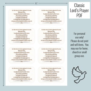 May include: Printable PDF sheet with eight copies of the Lord's Prayer in a classic font. The text is centered on each page with a decorative image of a book at the bottom. The text reads: "Our Father who art in heaven, hallowed be Thy name. Thy kingdom come. Thy will be done, on earth as it is in heaven. Give us this day our daily bread. And forgive us our trespasses, as we forgive those who trespass against us. And lead us not into temptation, but deliver us from evil. Amen."