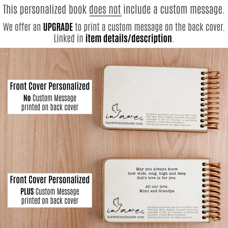May include: Two small, personalized books with spiral binding are displayed. One book has a blank back cover, while the other features a custom message. The books are light-colored with a logo and text. The text on the image says "Front Cover Personalized" and "No Custom Message printed on back cover."