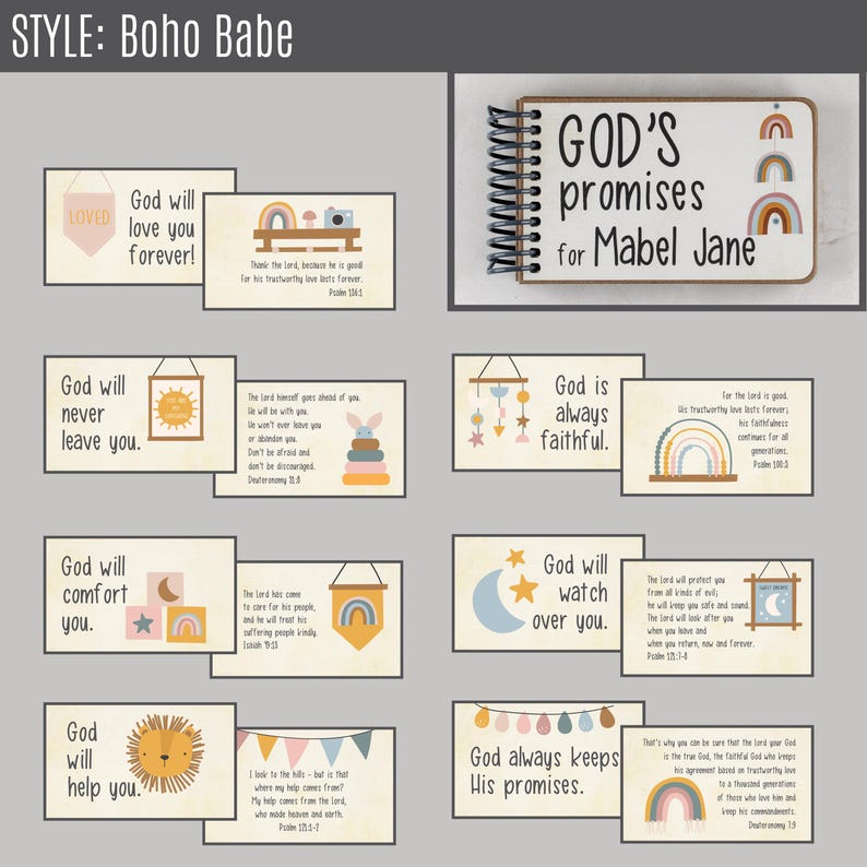 May include: A collection of Boho-style cards with inspirational quotes and illustrations. The cards feature phrases like "God will love you forever" and "God's promises for Mabel Jane." The color palette includes soft pastels and earth tones.
