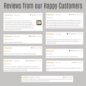 May include: A webpage displaying customer reviews with a five-star rating system. The reviews are for a personalized book, with comments about baptism gifts and children's books. The text includes customer names and dates.