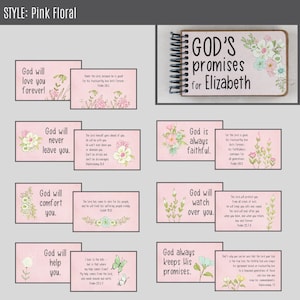 May include: Pink floral-themed stationery set featuring inspirational quotes from the Bible. Includes a spiral-bound notebook with the text "GOD'S promises for Elizabeth" and several pink cards with floral illustrations and uplifting messages.
