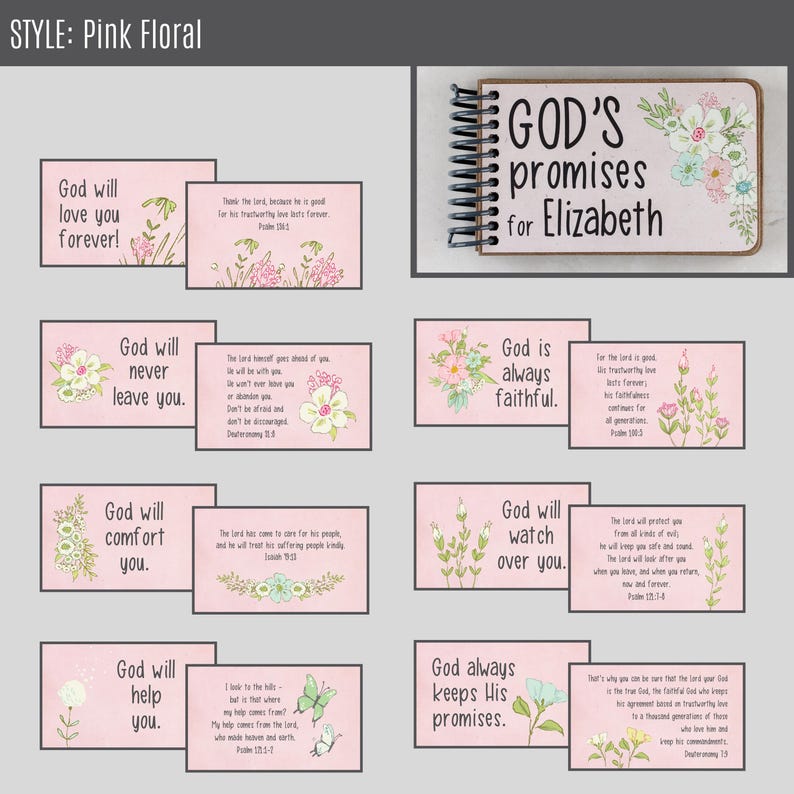 May include: Pink floral-themed stationery set featuring inspirational quotes from the Bible. Includes a spiral-bound notebook with the text "GOD'S promises for Elizabeth" and several pink cards with floral illustrations and uplifting messages.