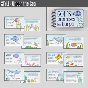 May include: A collection of illustrated cards with an "Under the Sea" theme, featuring marine life and inspirational messages. A spiral-bound notebook with the title "GOD'S promises for Harper" is also included. The cards have various Bible verses.