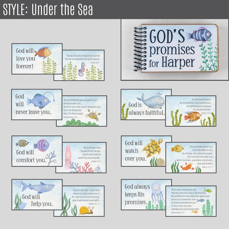 May include: A collection of illustrated cards with an "Under the Sea" theme, featuring marine life and inspirational messages. A spiral-bound notebook with the title "GOD'S promises for Harper" is also included. The cards have various Bible verses.