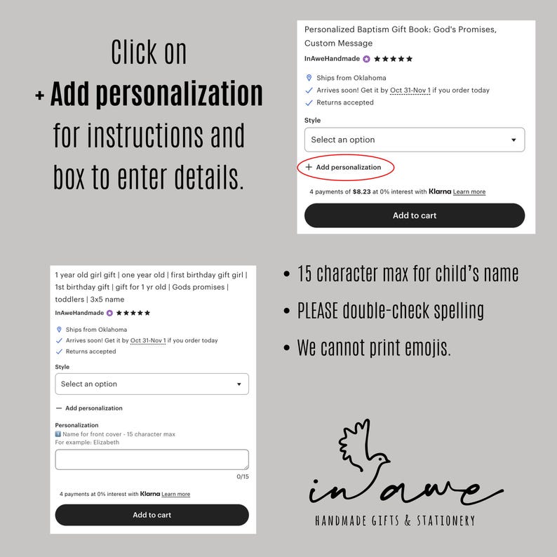 May include: A product listing interface with options for personalization. The text reads "Click on + Add personalization for instructions and box to enter details." Additional text includes "15 character max for child's name" and "PLEASE double-check spelling."
