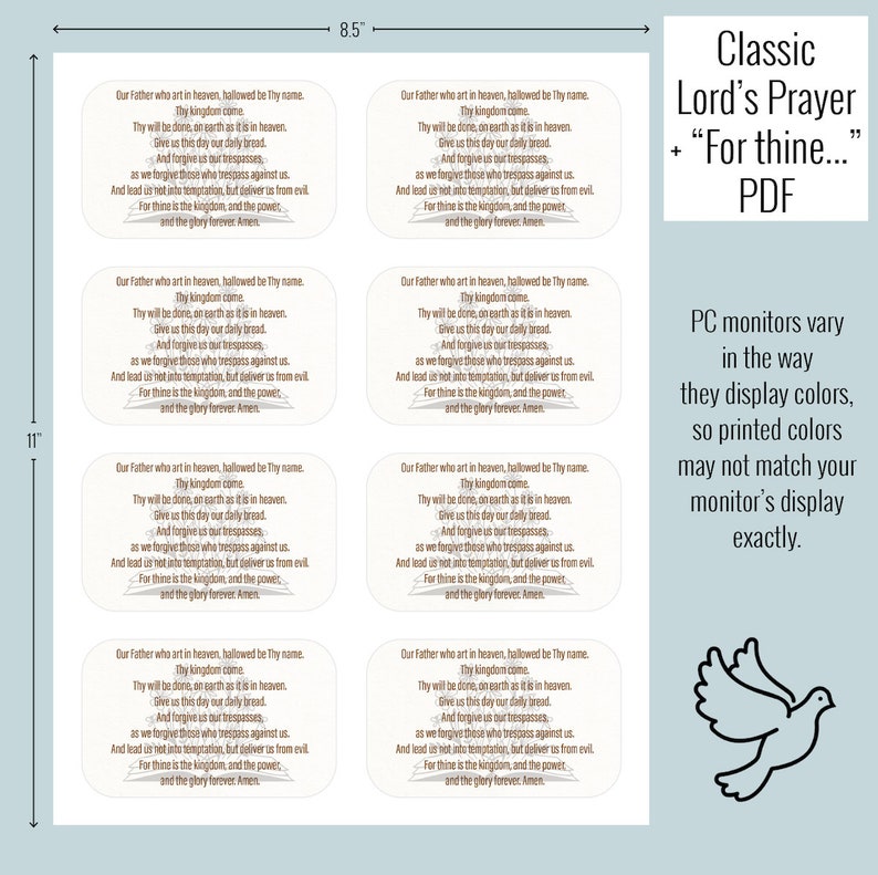 May include: A printable PDF sheet with four copies of the Lord's Prayer, each with a brown book design. The text is in a brown font with a white background. The sheet is 8.5 inches by 11 inches.