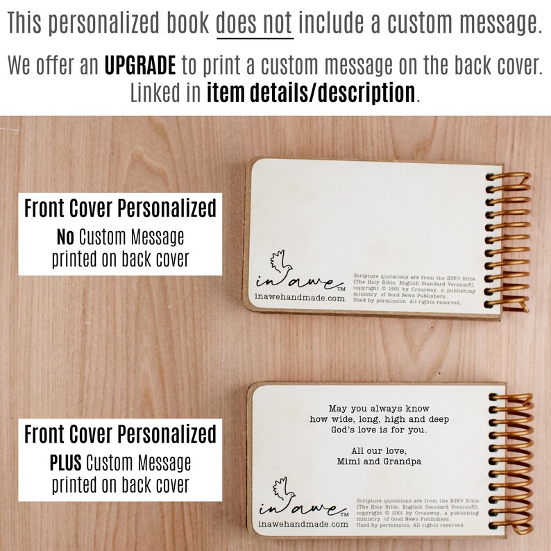 May include: Two small, personalized books with spiral binding are displayed. One book has a blank back cover, while the other features a custom message. The books are light-colored with a logo and text. The text on the image says "Front Cover Personalized" and "No Custom Message printed on back cover."