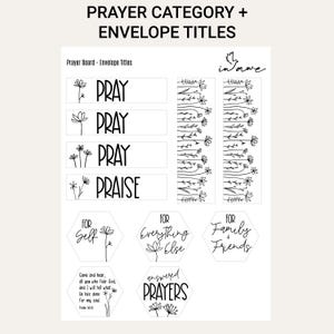 Printable PRAY and PRAISE envelope titles with prayer categories for self, family, friends and answered prayers.