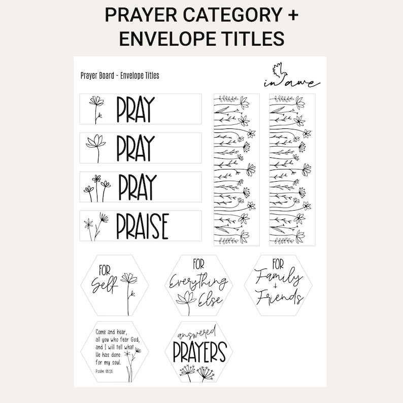 Printable PRAY and PRAISE envelope titles with prayer categories for self, family, friends and answered prayers.
