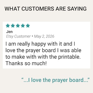 Five-star customer review from a shopper who created and loved her prayer board using the Wildflower printable.