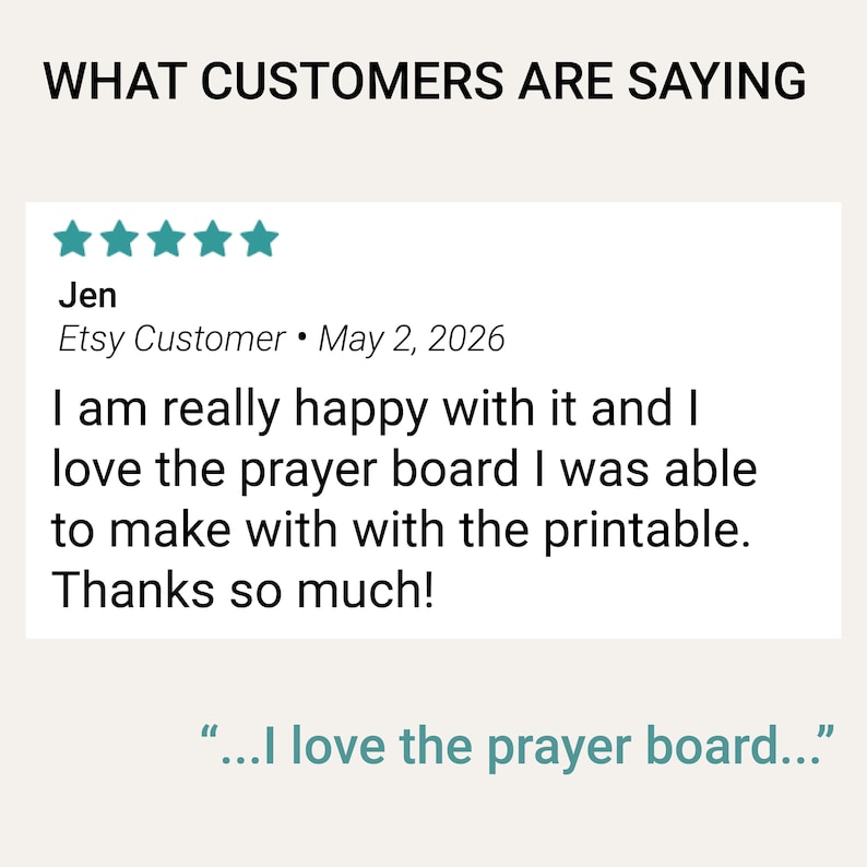Five-star customer review from a shopper who created and loved her prayer board using the Wildflower printable.