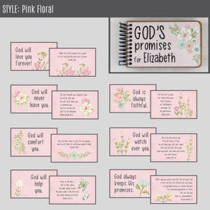 May include: Pink floral-themed stationery set featuring inspirational quotes from the Bible. Includes a spiral-bound notebook with the text "GOD'S promises for Elizabeth" and several pink cards with floral illustrations and uplifting messages.