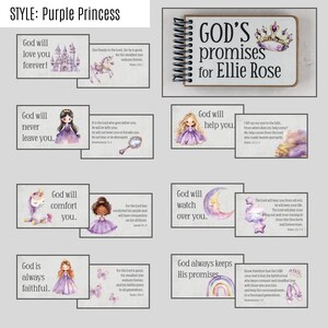 Puede incluir: Un libro de espiral titulado God's promises for Ellie Rose con una ilustraci&oacute;n de corona, acompa&ntilde;ado de varias tarjetas rectangulares con gr&aacute;ficos de acuarela en tonos morados de castillos, unicornios, princesas y lunas con texto.