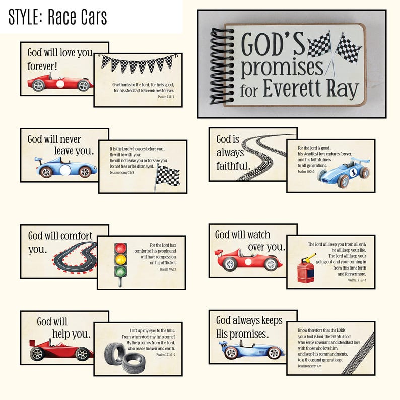 Personalized Baptism Gift Book: God's Promises and Bible Verses with Printed Custom Message Race Cars