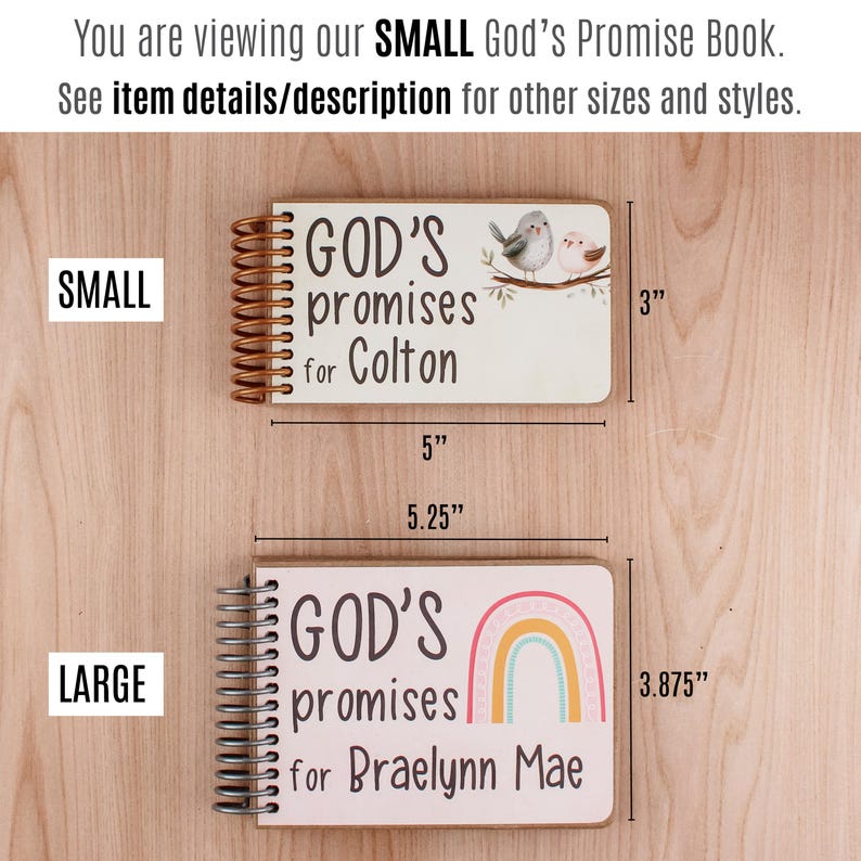 May include: Two spiral-bound "God's Promises" books, one small (5" x 3") and one large (5.25" x 3.875"). The small book has a bird illustration and the name "Colton." The large book features a rainbow and the name "Braelynn Mae."