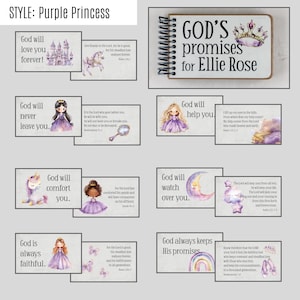 May include: A collection of inspirational cards and a spiral-bound notebook with the text "GOD'S promises for Ellie Rose." The cards feature illustrations of castles, unicorns, and princesses in shades of purple.
