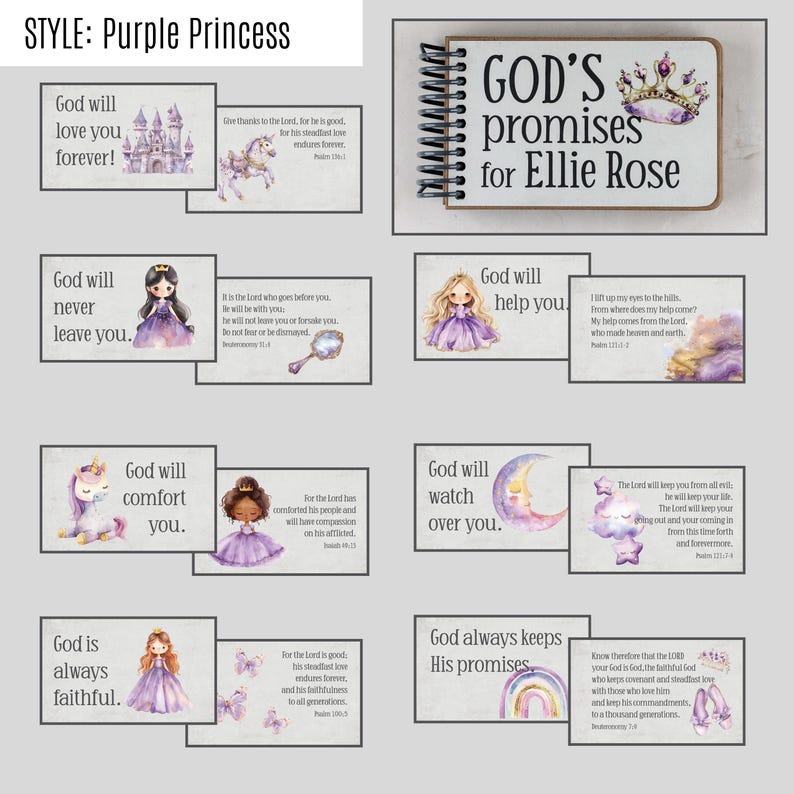 May include: A collection of inspirational cards and a spiral-bound notebook with the text "GOD'S promises for Ellie Rose." The cards feature illustrations of castles, unicorns, and princesses in shades of purple.