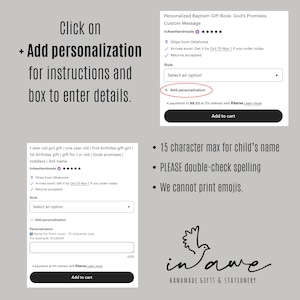 May include: A product listing interface with options for personalization. The text reads "Click on + Add personalization for instructions and box to enter details." Additional text includes "15 character max for child's name" and "PLEASE double-check spelling."