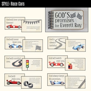 Peut inclure: Un livret &agrave; reliure spirale intitul&eacute; God's promises for Everett Ray, comprenant une collection de cartes illustr&eacute;es de voitures de course, drapeaux &agrave; damier, feux de signalisation et traces de pneus, accompagn&eacute;es de textes religieux.