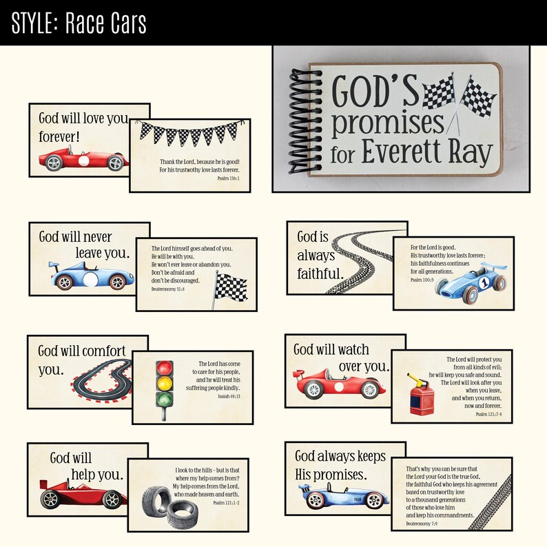 Peut inclure: Un livret &agrave; reliure spirale intitul&eacute; God's promises for Everett Ray, comprenant une collection de cartes illustr&eacute;es de voitures de course, drapeaux &agrave; damier, feux de signalisation et traces de pneus, accompagn&eacute;es de textes religieux.