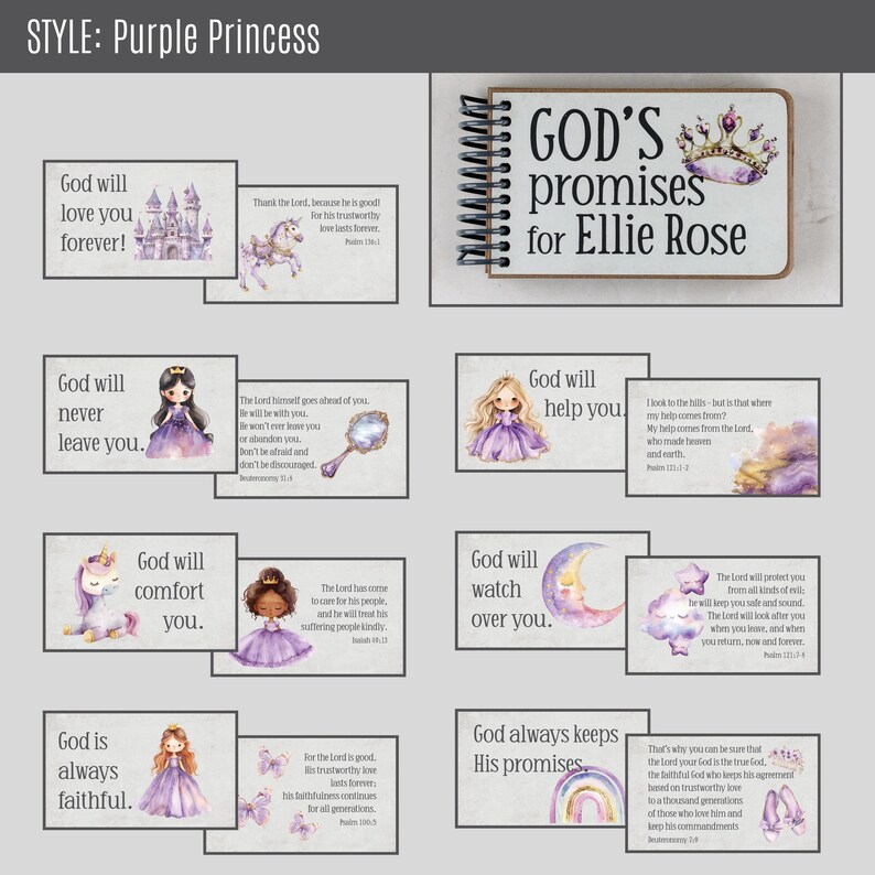Personalized Baptism Gift Book: God's Promises and Bible Verses with Printed Custom Message Purple Princess