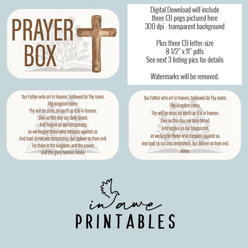 May include: Printable prayer box with a wooden cross and a book design. The text reads "Prayer Box" and includes the Lord's Prayer.